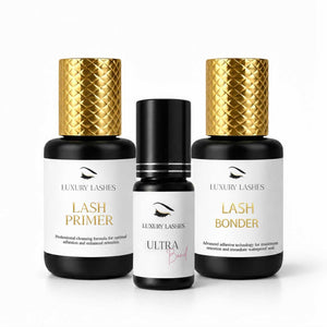 Luxury Lashes Essential Performance Deal met Lash Primer, Ultra Bond Glue en Lash Bonder voor optimale hechting, langdurige retentie en gecontroleerd plaatsen van wimperextensions.