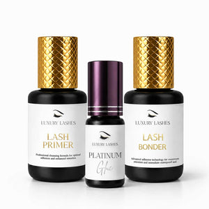Luxury Lashes Platinum Performance Deal met Lash Primer, Platinum Glue en Lash Bonder voor snelle applicatie, maximale prestaties en langdurige retentie van wimperextensions.