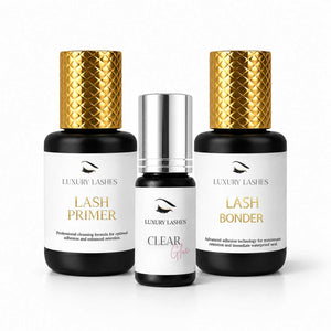 Luxury Lashes Precision Performance Deal met Lash Primer, Clear Glue en Lash Bonder voor nauwkeurige applicatie, sterke hechting en langdurige retentie van wimperextensions.
